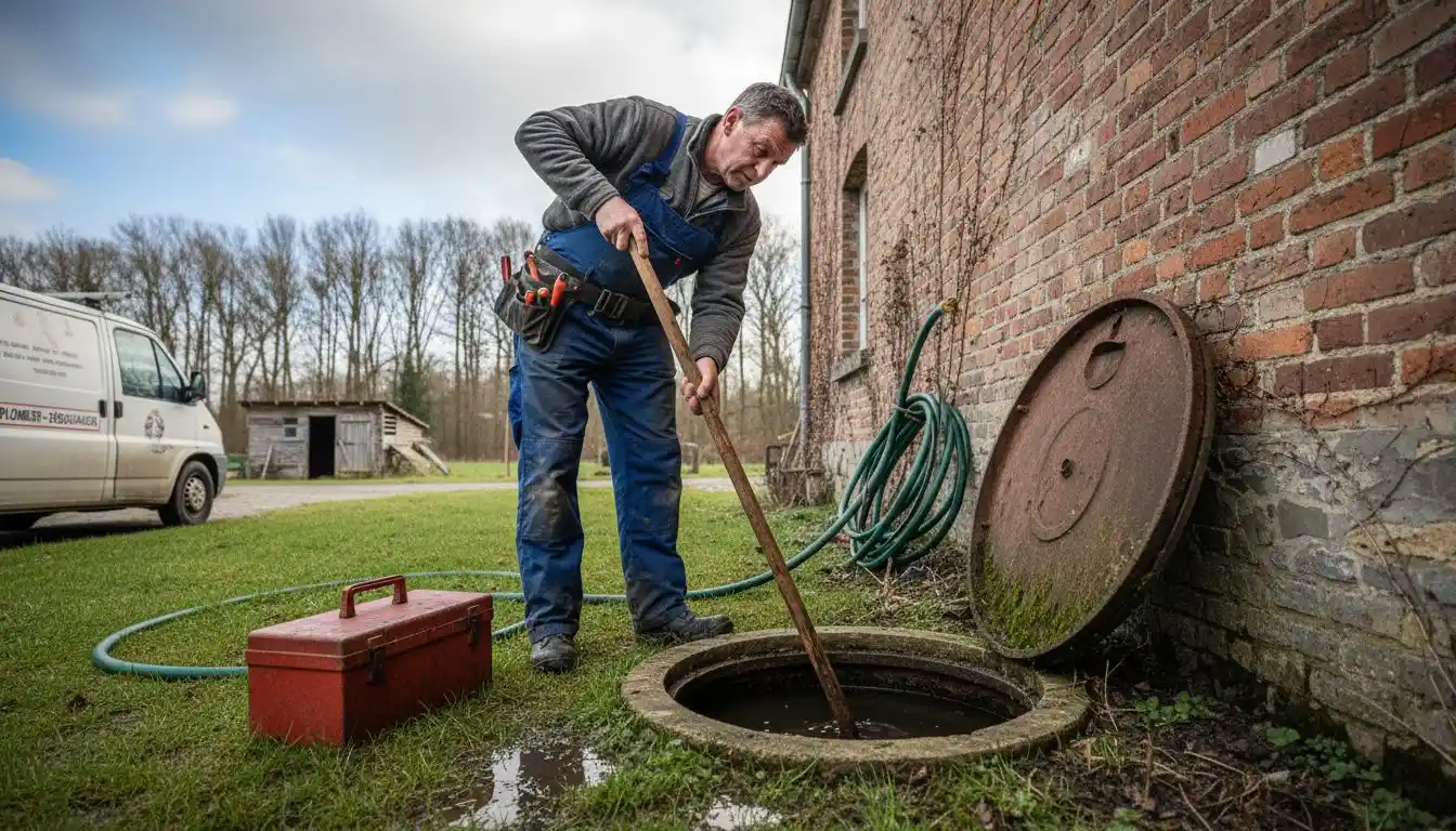 Un plombier effectue un contrôle de l’installation septique chez un particulier.